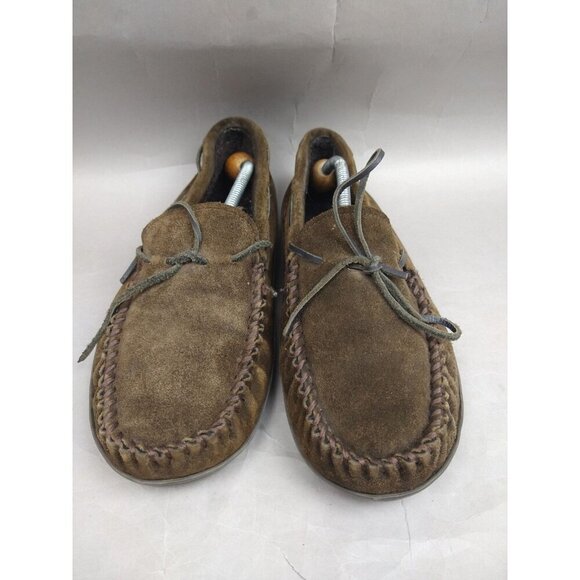 Minnetonka Men's Size 11 Brown Pile Lined Hardsole Moccasin Slippers 41322 Warm - Picture 2 of 12
